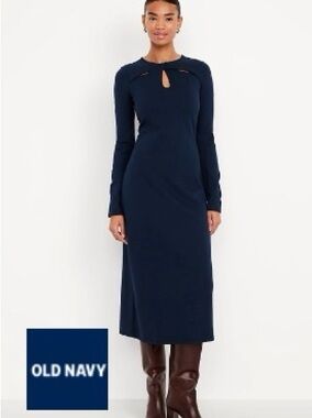 Old Navy Navy Long-Sleeve Keyhole Midi Dress